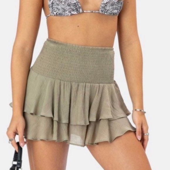 Edikted Tiered Ruffle Mini Skirt in Army Green - Picture 1 of 3